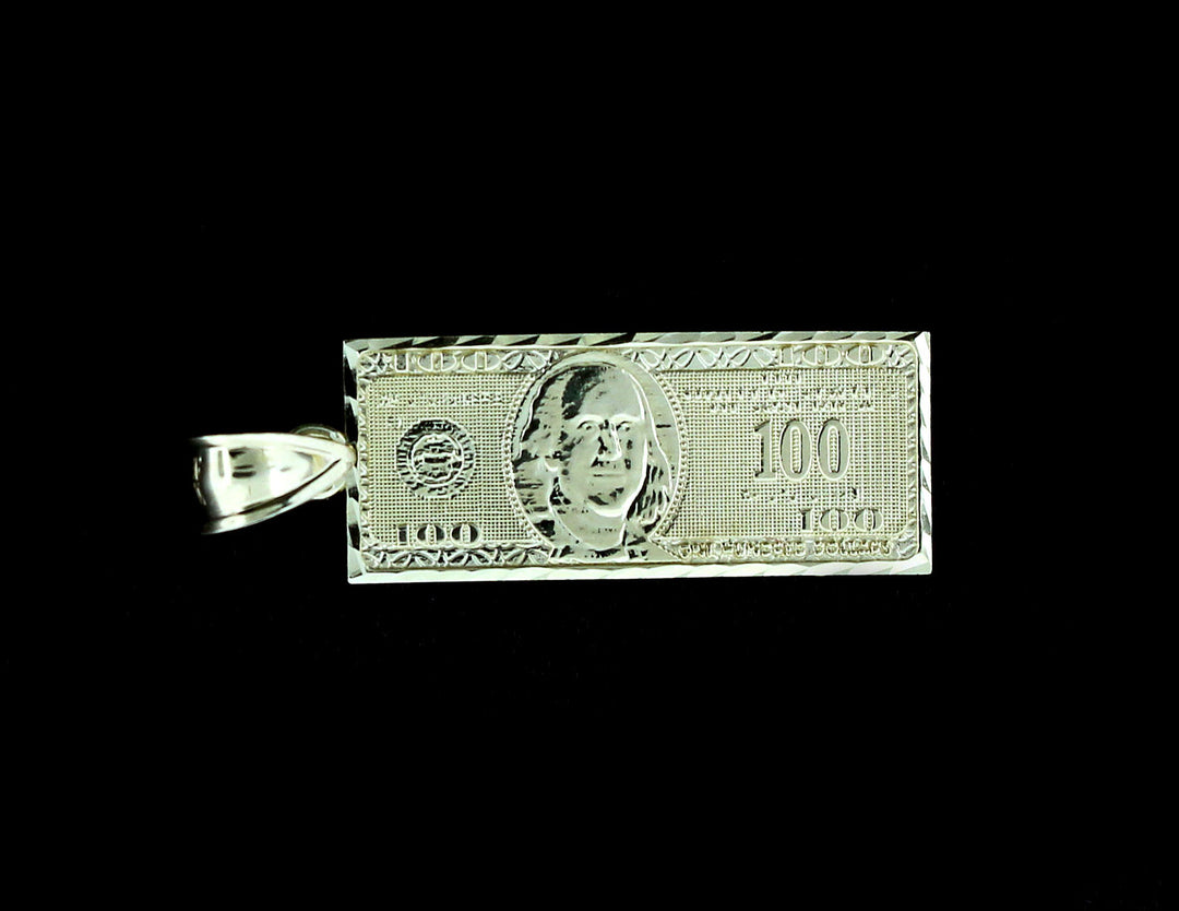 Mens 10K Solid Yellow Gold Diamond Cut $100 Dollar Bill Pendant
