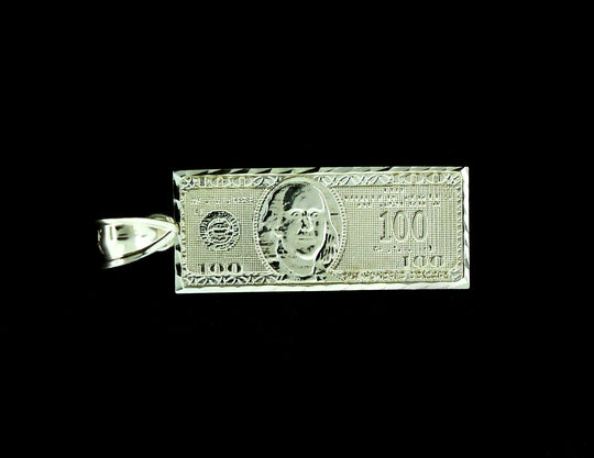 Mens 10K Solid Yellow Gold Diamond Cut $100 Dollar Bill Pendant