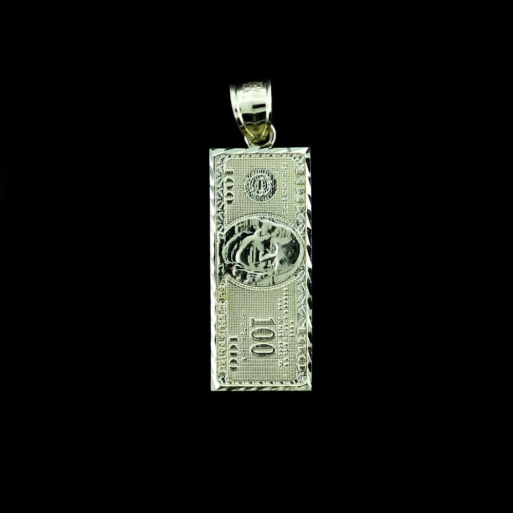 Mens 10K Solid Yellow Gold Diamond Cut $100 Dollar Bill Pendant
