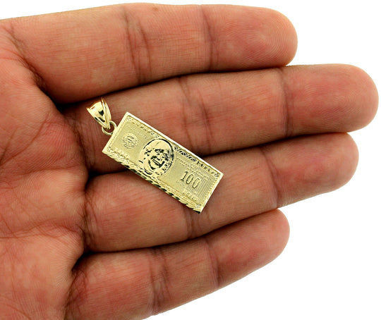 Mens 10K Solid Yellow Gold Diamond Cut $100 Dollar Bill Pendant