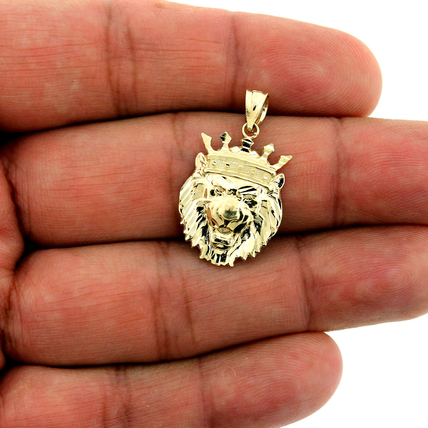 Men's 10K Solid Yellow Gold Diamond Cut King Crown Lion Head Pendant