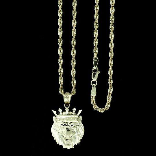 Mens 10K Solid Yellow Lion Head Charm Pendant With 2.5mm Rope Chain Necklace Set