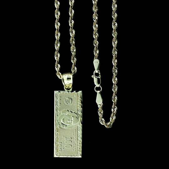 Mens 10K Solid Yellow Gold $100 One Hundred Dollar Bill Pendant With 2.5mm Rope Chain Necklace Set
