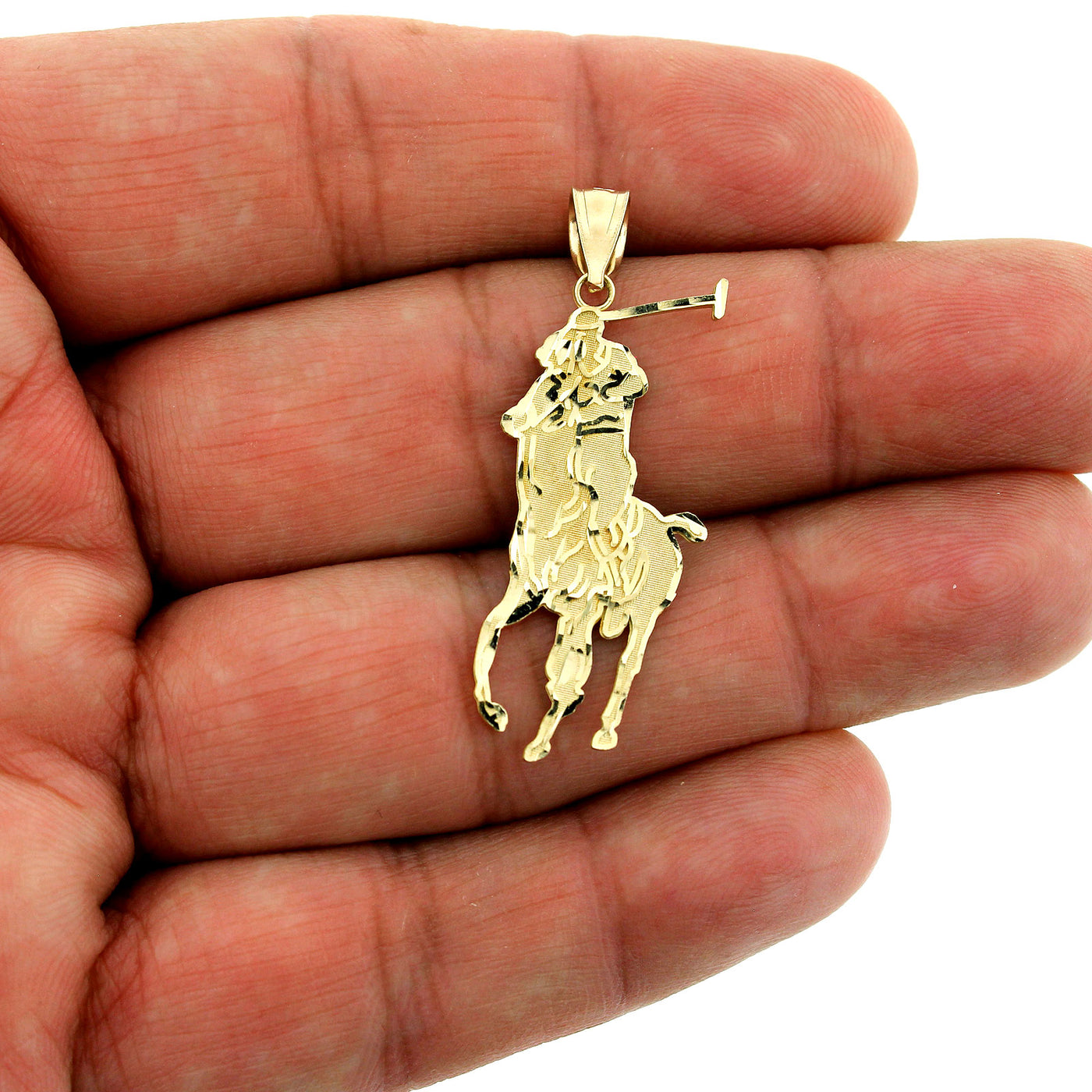 Mens 10K Solid Yellow Gold Polo Horse Rider Charm Pendant With 2.5mm Rope Chain Necklace Set