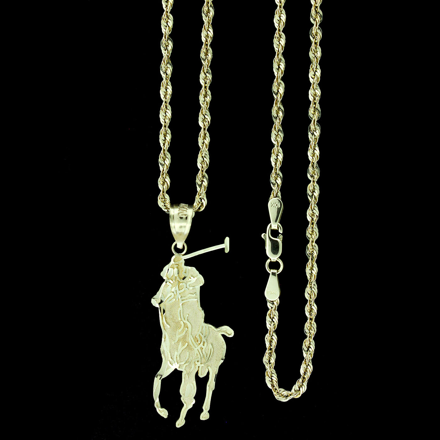 Mens 10K Solid Yellow Gold Polo Horse Rider Charm Pendant With 2.5mm Rope Chain Necklace Set