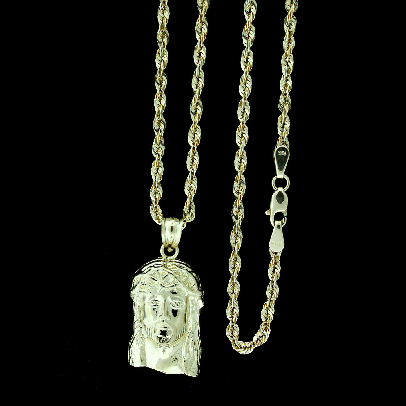 10K Solid Yellow Gold Jesus Face Head Charm Pendant With 2.5mm Rope Chain Necklace Set