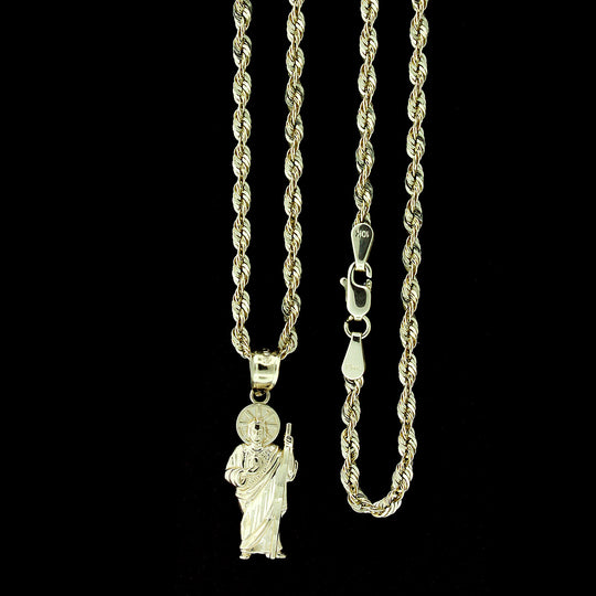 Mens 10K Yellow Gold Saint Jude San Judas Pendant With 2mm Rope Chain Necklace Set