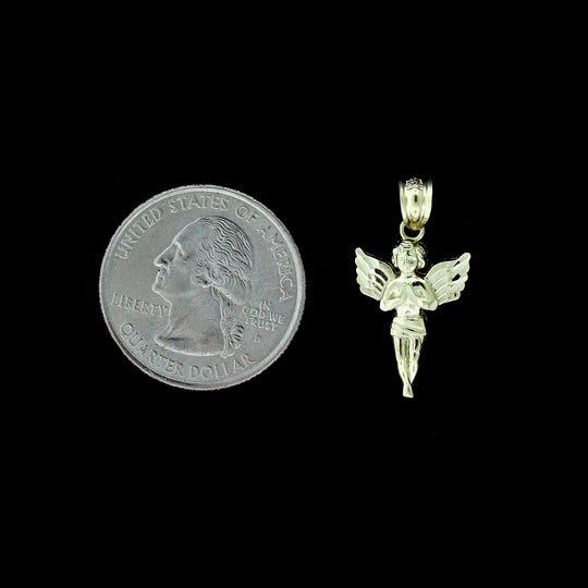 Real 10K Yellow Gold Praying Angel Charm Pendant With 2mm Rope Chain Necklace