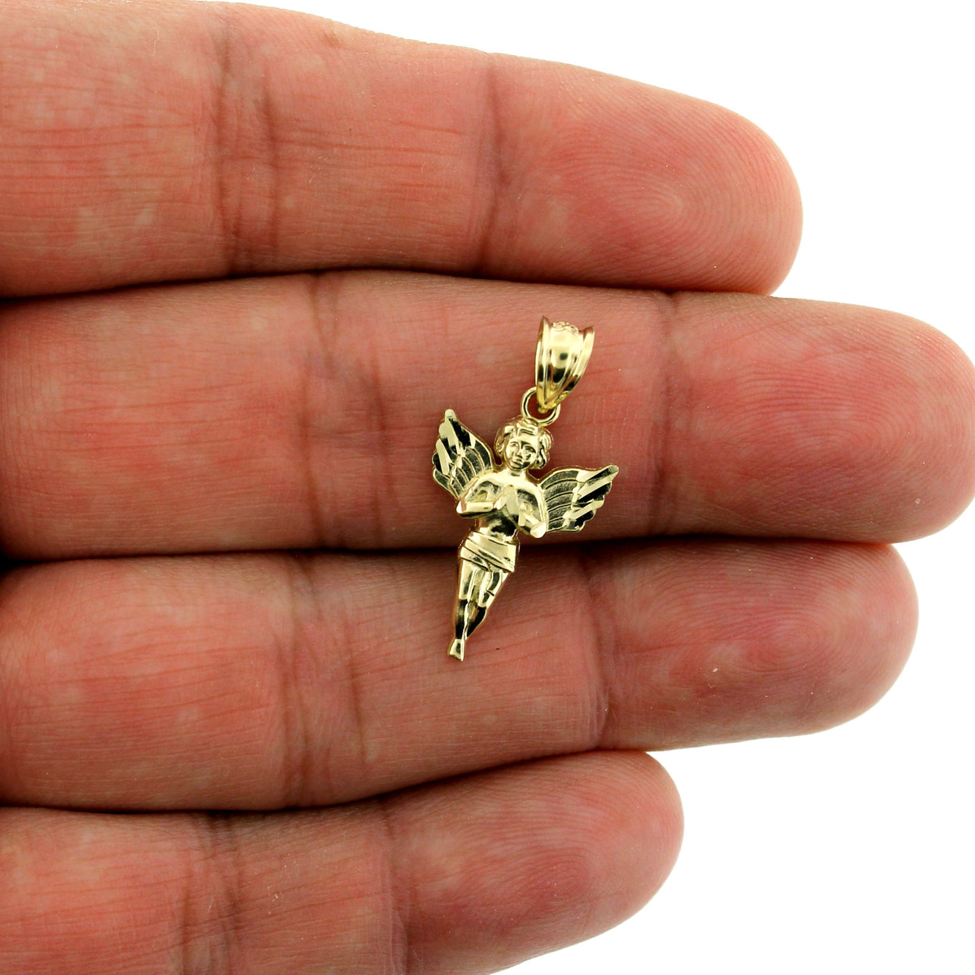 Real 10K Yellow Gold Praying Angel Charm Pendant With 2mm Rope Chain Necklace