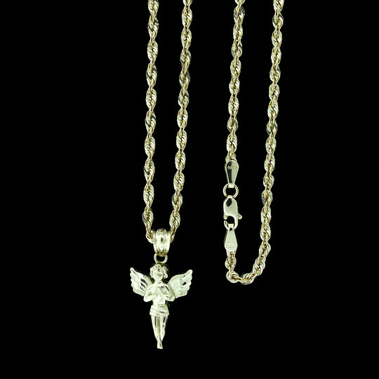 Real 10K Yellow Gold Praying Angel Charm Pendant With 2mm Rope Chain Necklace