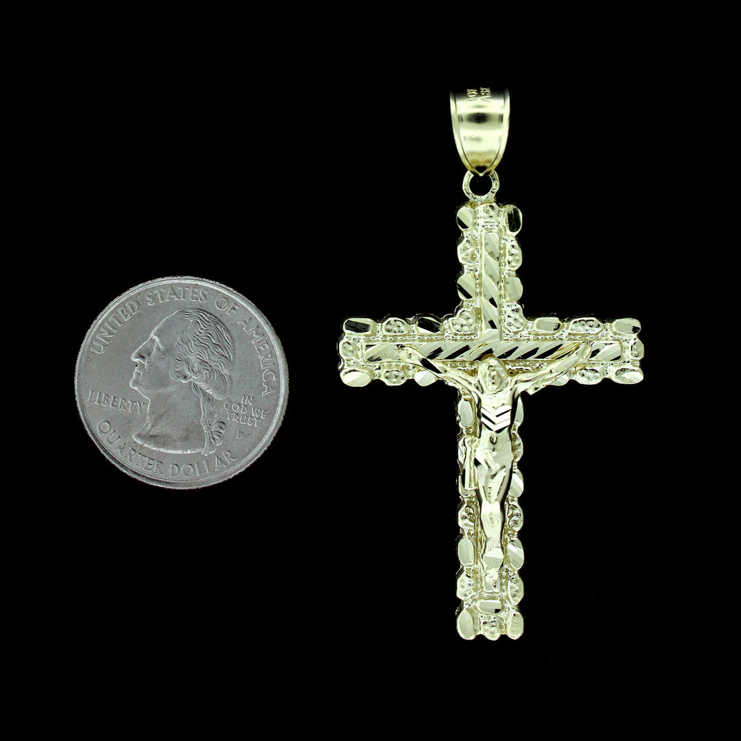 10K Yellow Gold Mens Nugget Cross Pendant Large Diamond Cut Jesus Crucifix Charm