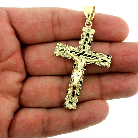10K Yellow Gold Mens Nugget Cross Pendant Large Diamond Cut Jesus Crucifix Charm