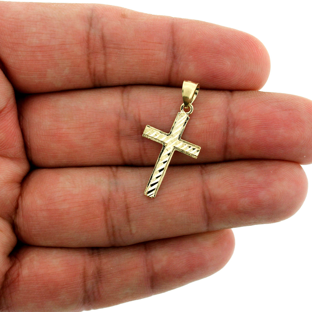 Real 10K Yellow Gold Jesus Cross Charm Pendant Diamond Cut & 2mm Rope Chain