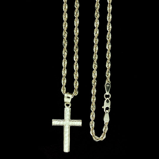 Real 10K Yellow Gold Jesus Cross Charm Pendant Diamond Cut &amp; 2mm Rope Chain