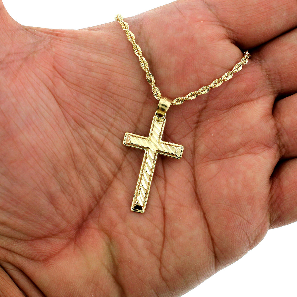 Mens 10K Yellow Gold Jesus Cross Charm Pendant Nugget & 2.5mm Rope Chain Necklace Set