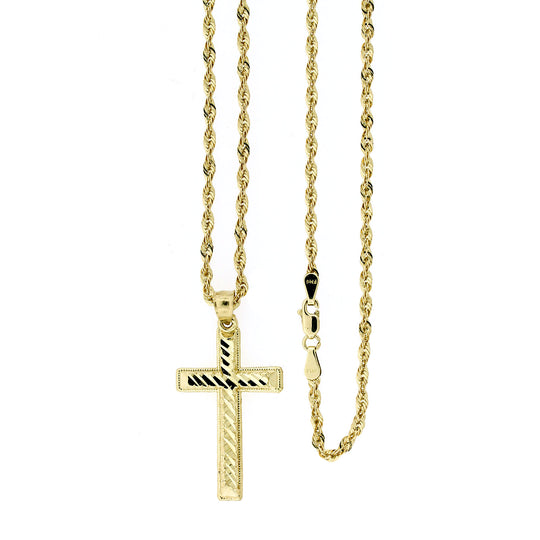 Mens 10K Yellow Gold Jesus Cross Charm Pendant Nugget &amp; 2.5mm Rope Chain Necklace Set