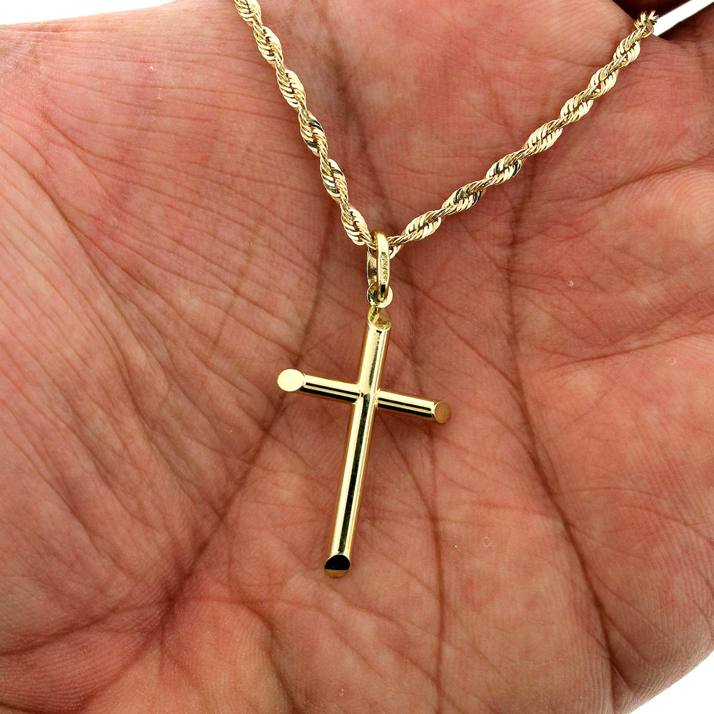Mens 10K Solid Yellow Gold Large Plain Tube Cross Charm Pendant, 10KT Real Gold