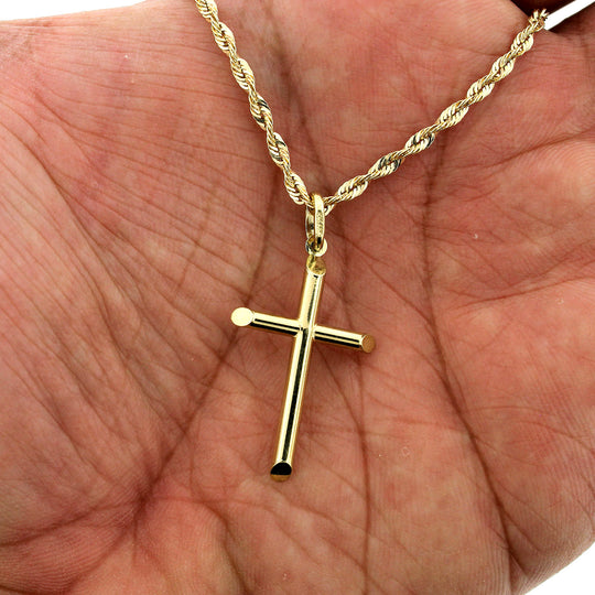 Mens 10K Solid Yellow Gold Large Plain Tube Cross Charm Pendant, 10KT Real Gold
