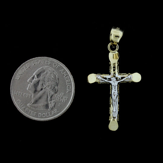 Real 10K Yellow Gold Filigree Cross Crucifix Charm Pendant &amp; 2.5mm Rope Chain Necklace Set