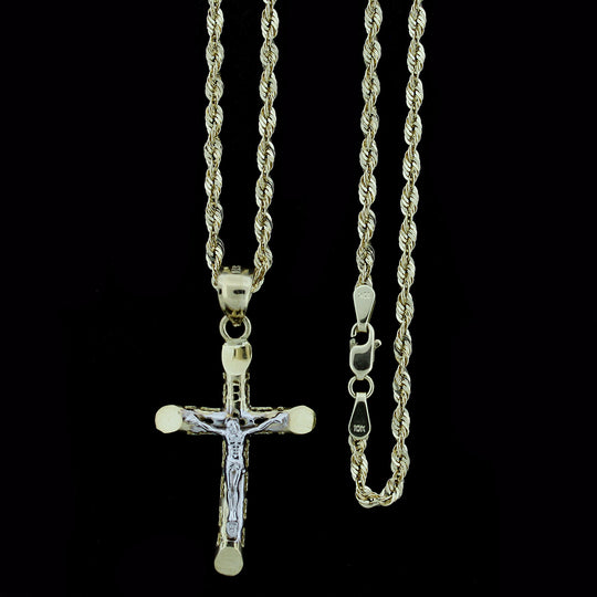 Real 10K Yellow Gold Filigree Cross Crucifix Charm Pendant &amp; 2.5mm Rope Chain Necklace Set