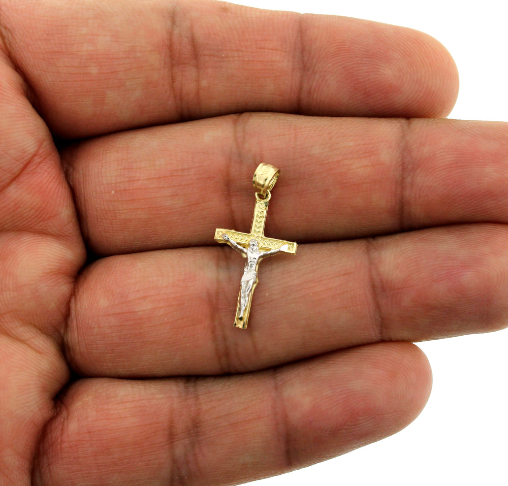 Real 10K Yellow Gold Diamond Cut Jesus Crucifix Cross Charm Pendant & Rope Chain