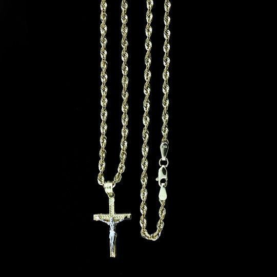 Real 10K Yellow Gold Diamond Cut Jesus Crucifix Cross Charm Pendant &amp; Rope Chain