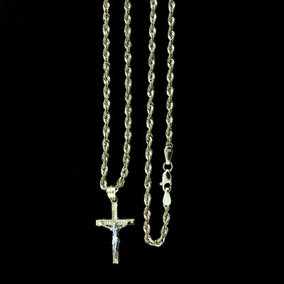 Real 10K Yellow Gold Diamond Cut Jesus Crucifix Cross Charm Pendant & Rope Chain