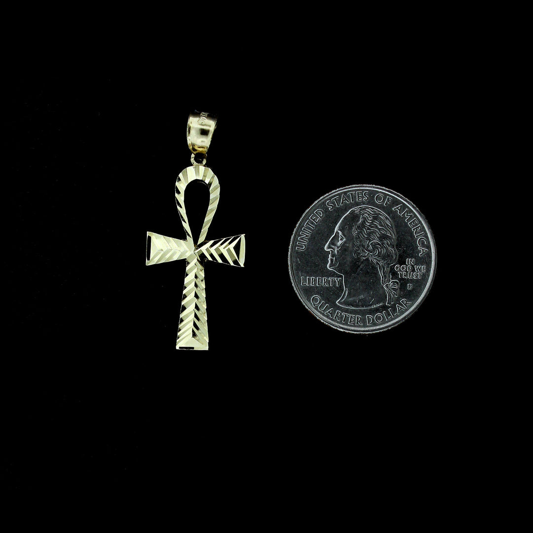 Mens Real 10K Yellow Gold Egyptian Ankh Cross Charm Pendant With 2.5mm Rope Chain Necklace Set