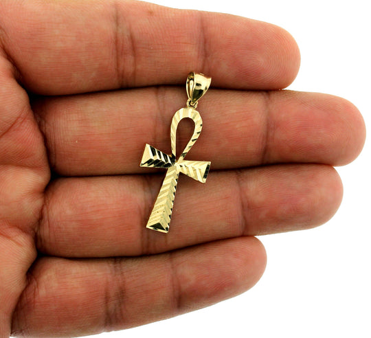Real 10K Yellow Gold Large Egyptian Ankh Cross Pendant Diamond Cut, 10KT Real Gold