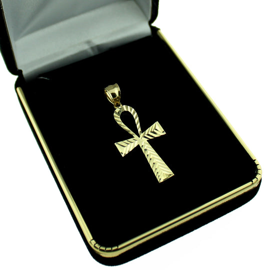 Mens Real 10K Yellow Gold Egyptian Ankh Cross Charm Pendant With 2.5mm Rope Chain Necklace Set