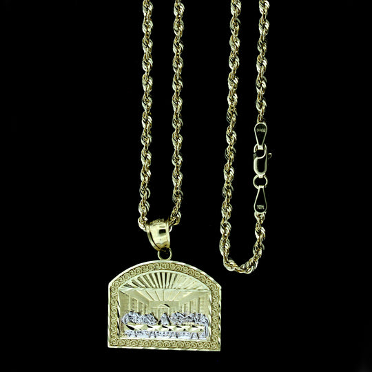 Mens 10K Yellow Gold Last Supper Jesus Charm Pendant &amp; 2.5mm Rope Chain Necklace Set