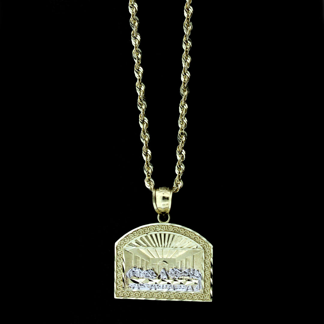 Mens 10K Yellow Gold Last Supper Jesus Charm Pendant &amp; 2.5mm Rope Chain Necklace Set