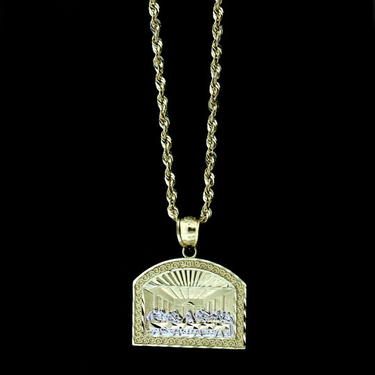Mens 10K Yellow Gold Last Supper Jesus Charm Pendant &amp; 2.5mm Rope Chain Necklace Set