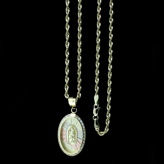 Mens 10K Gold Virgin Mary Lady of Guadalupe Oval CZ Charm Pendant &amp; 2.5mm Rope Chain Necklace Set