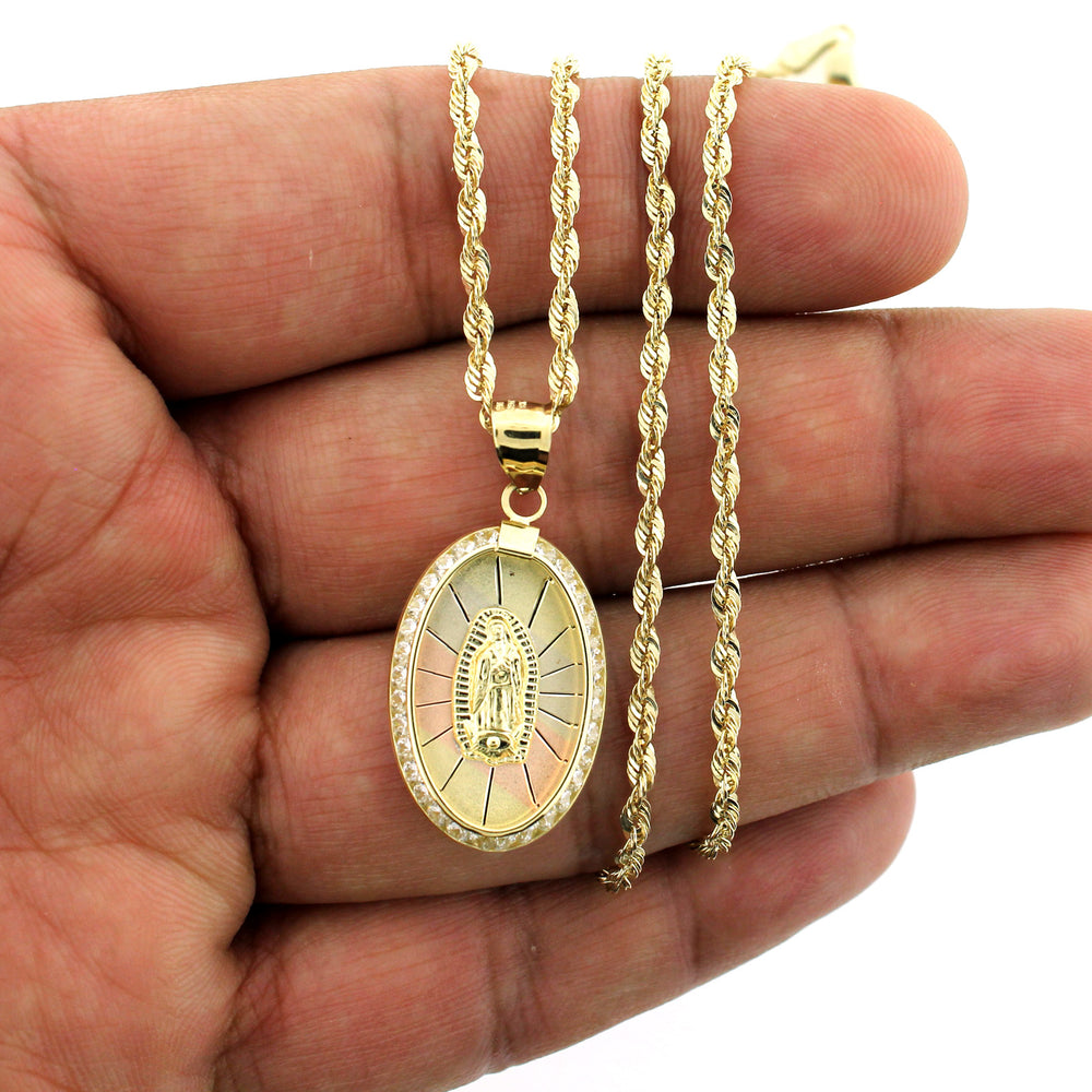 Mens 10K Gold Virgin Mary Lady of Guadalupe Oval CZ Charm Pendant & 2.5mm Rope Chain Necklace Set