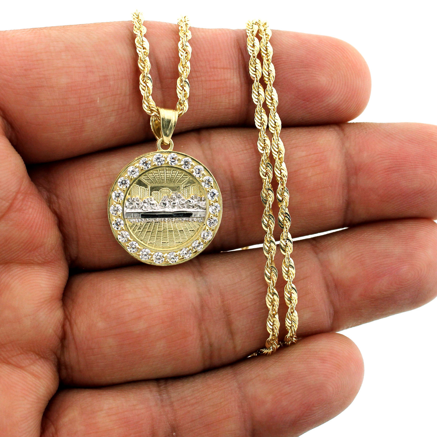 Mens Real 10K Yellow Gold Jesus Last Supper CZ Charm Pendant & 2.5mm Rope Chain Necklace Set