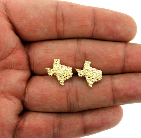 10K Solid Yellow Gold Diamond Cut Large Texas Map Nugget Stud Earrings
