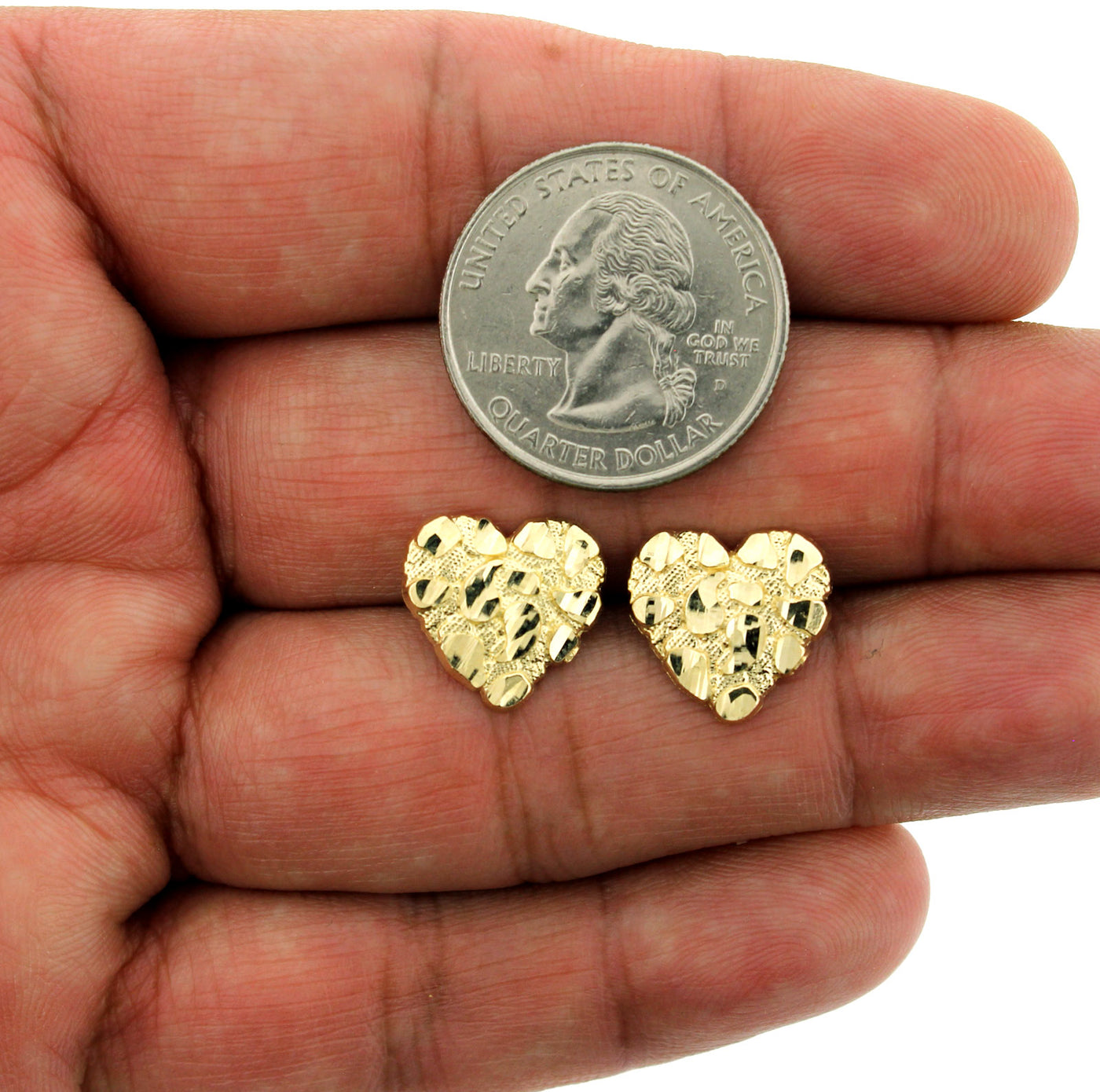 10K Yellow Gold 15MM Diamond Cut Heart Nugget Stud Earrings
