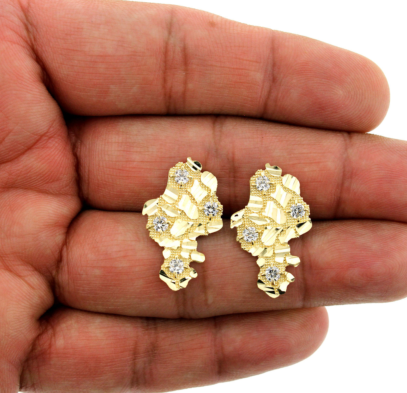 Men's Women's Kid's 10K Solid Yellow Gold Diamond Cut CZ Nugget Stud Earrings