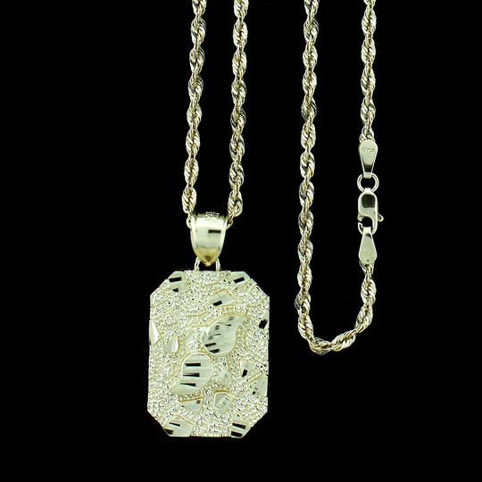 Mens Real 10K Yellow Gold Nugget Style Pendant With 2.5mm Rope Chain Necklace Set