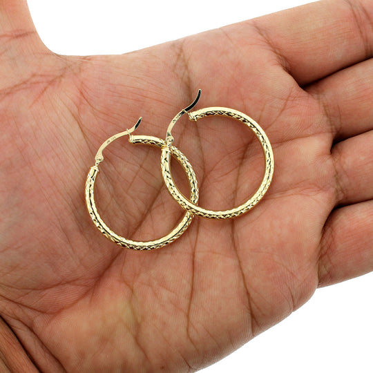 Real 10K Yellow Gold 3mm X 32mm 1.25" Diamond Cut Shiny Plain Hoop Earrings