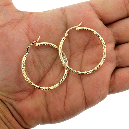 Real 10K Yellow Gold 3mm X 38mm 1.5" Diamond Cut Shiny Plain Hoop Earrings
