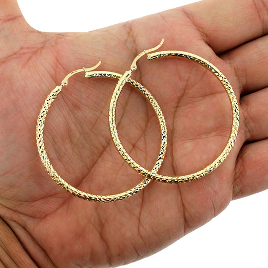 Real 10K Yellow Gold 3mm X 50mm 2" Diamond Cut Shiny Plain Hoop Earrings