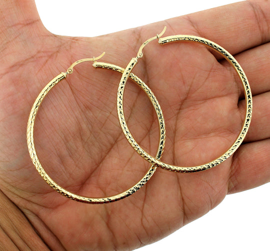 Real 10K Yellow Gold 3mm X 60mm 2.5" Diamond Cut Shiny Plain Hoop Earrings