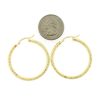 Real 10K Yellow Gold 3mm X 38mm 1.5" Diamond Cut Shiny Plain Hoop Earrings