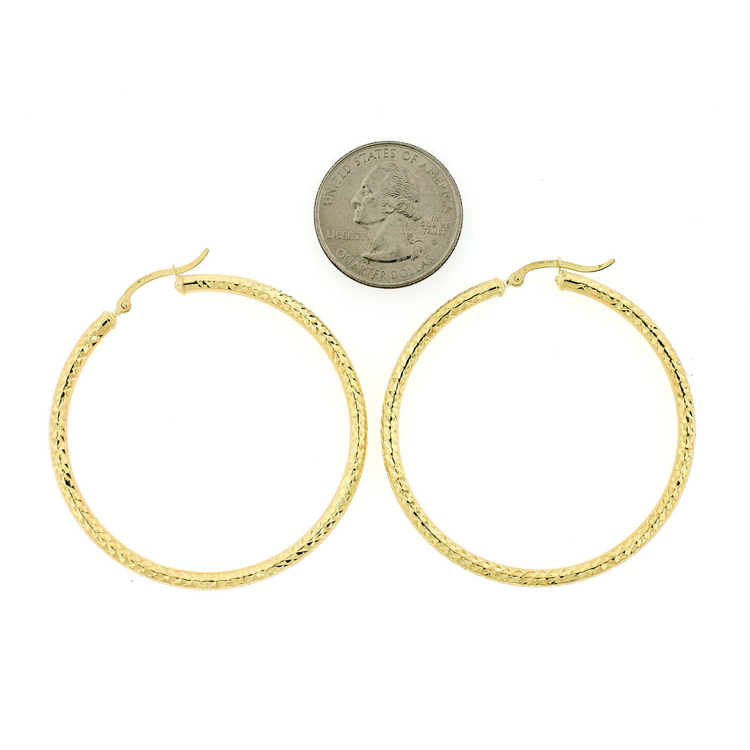 Real 10K Yellow Gold 3mm X 50mm 2" Diamond Cut Shiny Plain Hoop Earrings