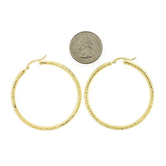 Real 10K Yellow Gold 3mm X 50mm 2" Diamond Cut Shiny Plain Hoop Earrings