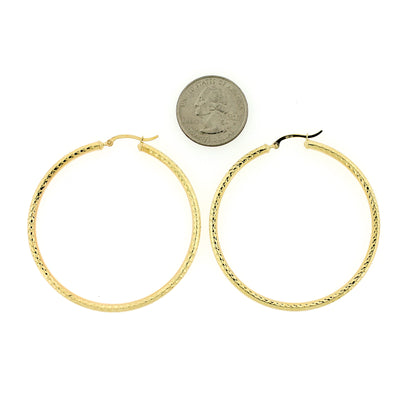 Real 10K Yellow Gold 3mm X 60mm 2.5" Diamond Cut Shiny Plain Hoop Earrings