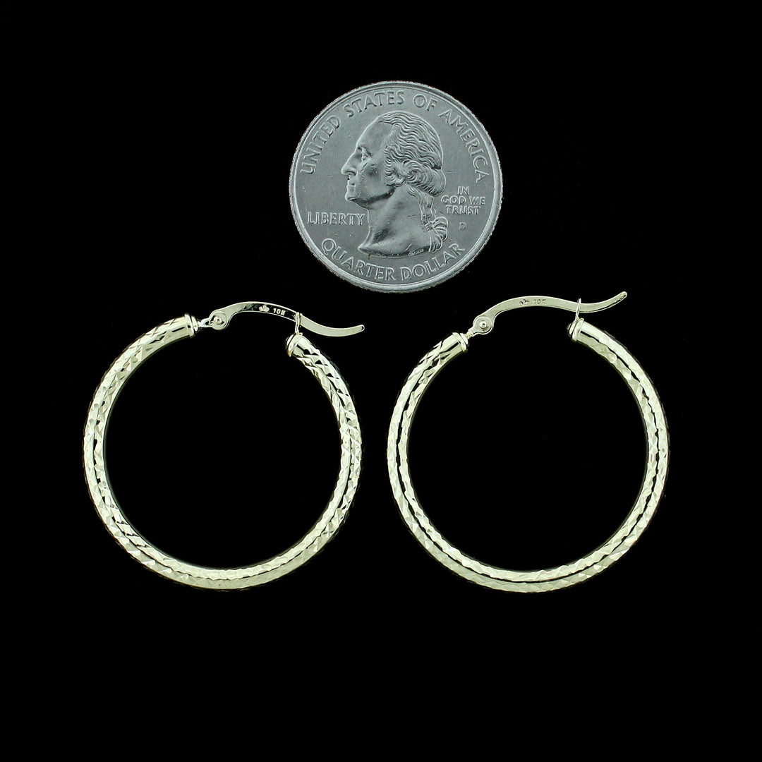 Real 10K Yellow Gold 3mm X 32mm 1.25" Diamond Cut Shiny Plain Hoop Earrings