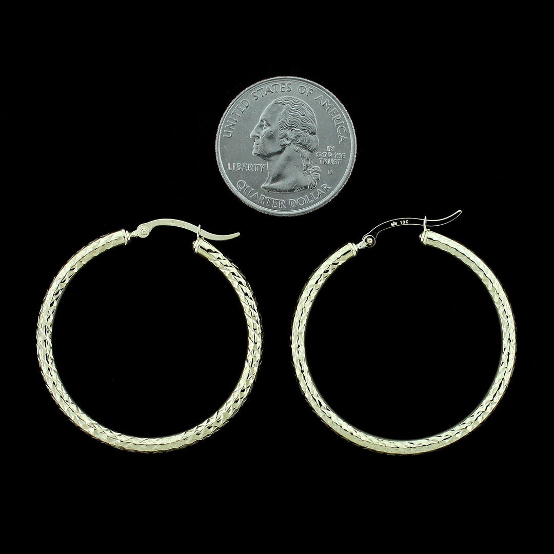Real 10K Yellow Gold 3mm X 38mm 1.5" Diamond Cut Shiny Plain Hoop Earrings